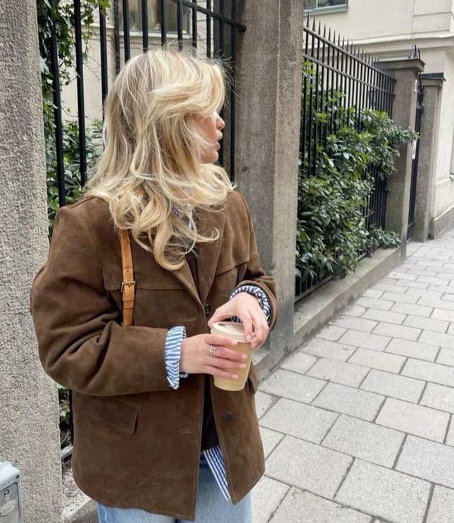 Women's Jacket in Brown Suede, Hip Length with Button Front
