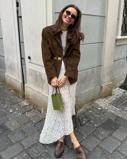 Women's Jacket in Brown Suede, Hip Length with Button Front