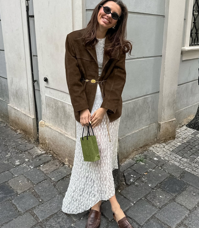 Women's Jacket in Brown Suede, Hip Length with Button Front
