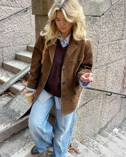 Women's Jacket in Brown Suede, Hip Length with Button Front
