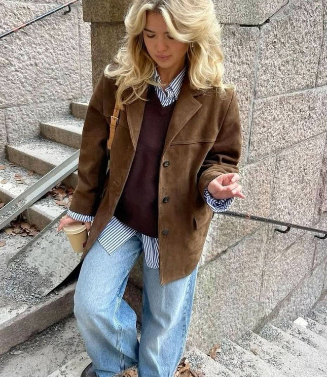 Women's Jacket in Brown Suede, Hip Length with Button Front