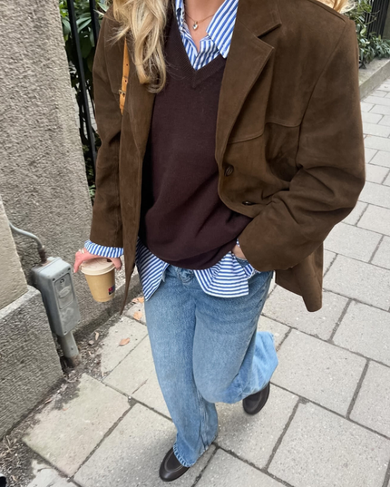 Women's Jacket in Brown Suede, Hip Length with Button Front