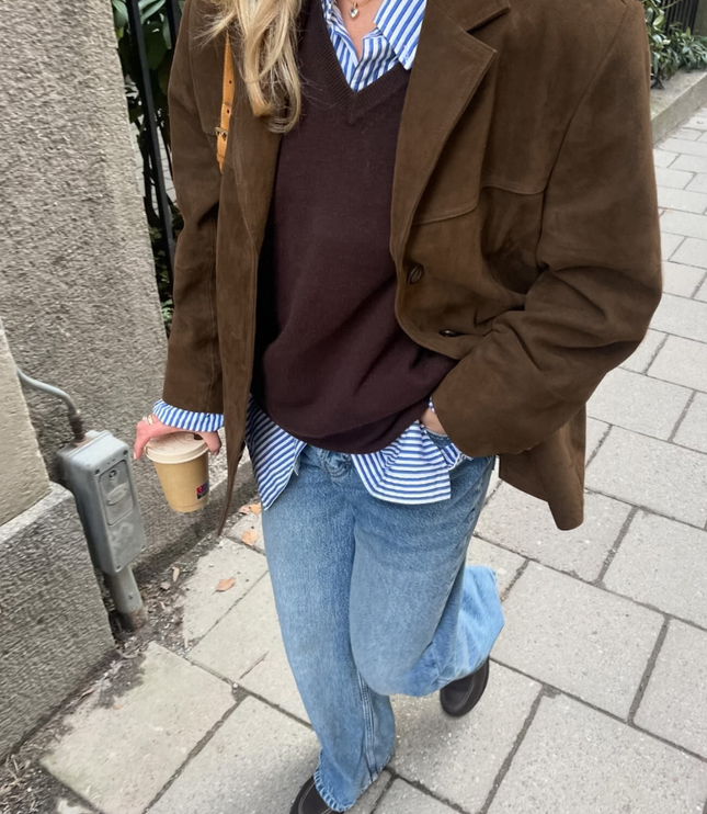 Women's Jacket in Brown Suede, Hip Length with Button Front