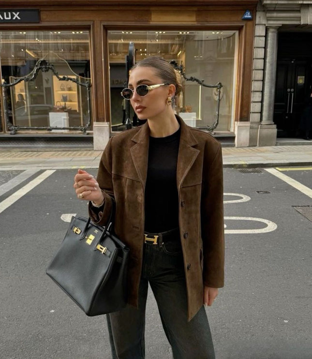 Women's Jacket in Brown Suede, Hip Length with Button Front