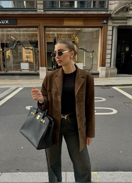 Women's Jacket in Brown Suede, Hip Length with Button Front