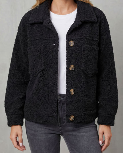 Women's Jacket in Teddy Fleece, Button Up with a Shirt Collar