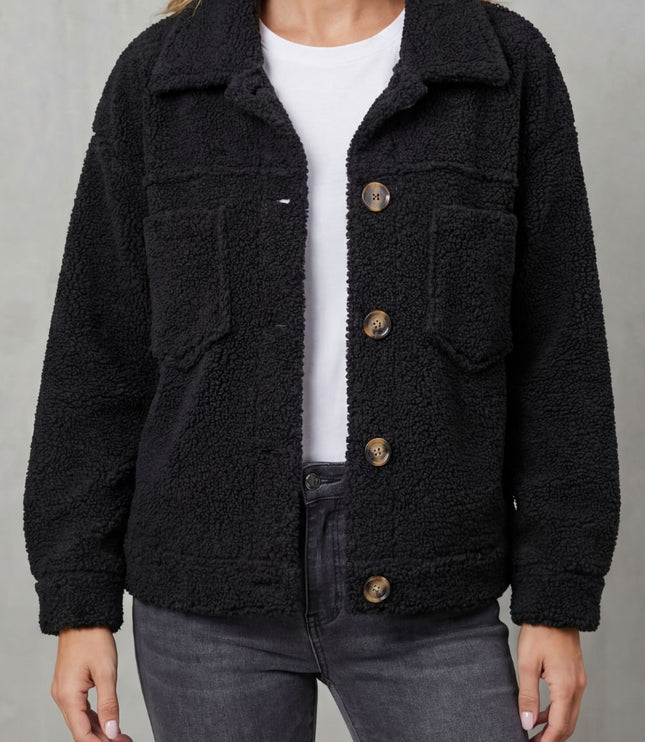 Women's Jacket in Teddy Fleece, Button Up with a Shirt Collar