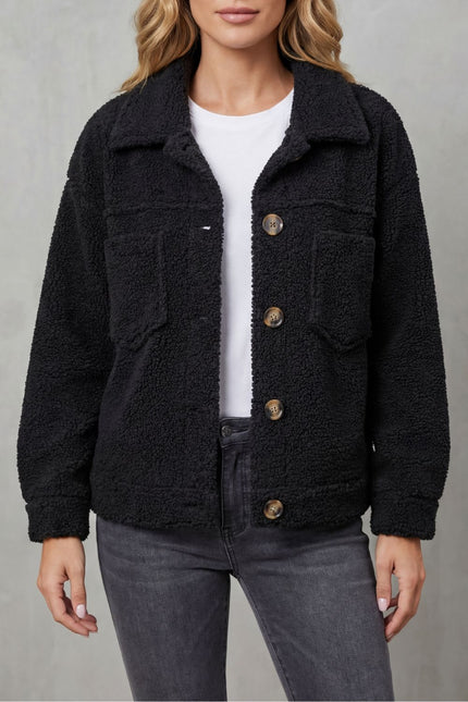 Women's Jacket in Teddy Fleece, Button Up with a Shirt Collar