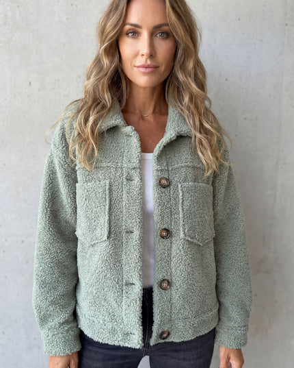 Women's Jacket in Teddy Fleece, Button Up with a Shirt Collar