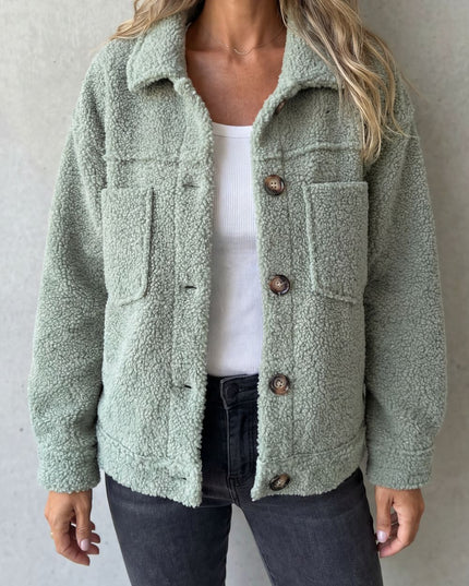 Women's Jacket in Teddy Fleece, Button Up with a Shirt Collar