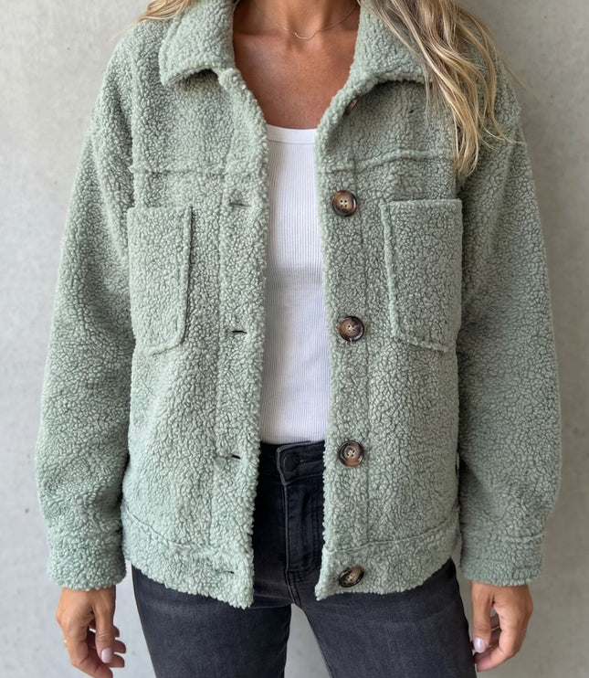 Women's Jacket in Teddy Fleece, Button Up with a Shirt Collar