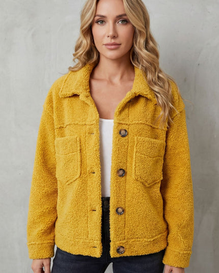 Women's Jacket in Teddy Fleece, Button Up with a Shirt Collar