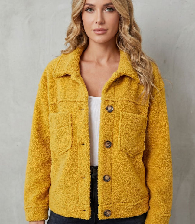 Women's Jacket in Teddy Fleece, Button Up with a Shirt Collar