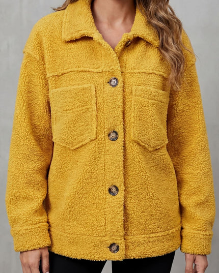 Women's Jacket in Teddy Fleece, Button Up with a Shirt Collar