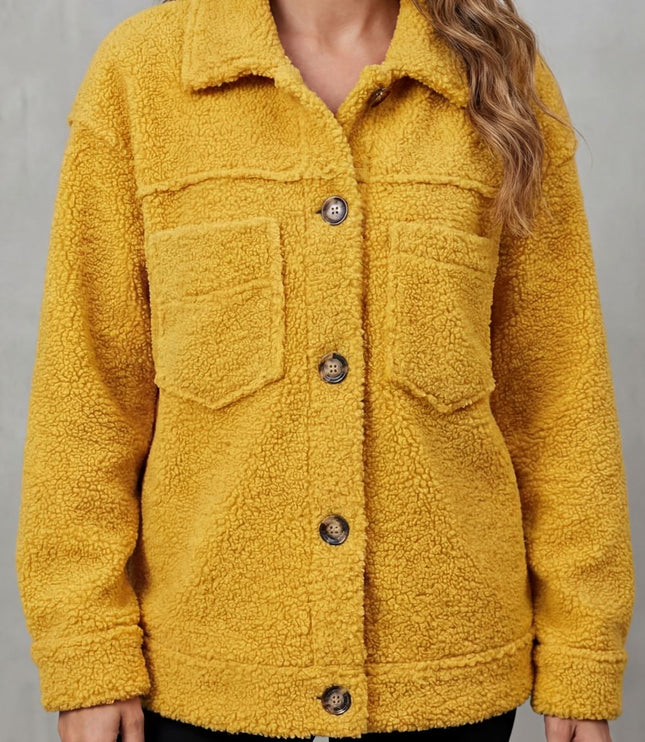 Women's Jacket in Teddy Fleece, Button Up with a Shirt Collar