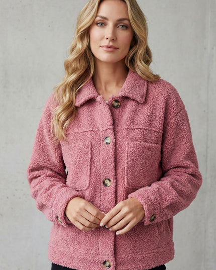 Women's Jacket in Teddy Fleece, Button Up with a Shirt Collar