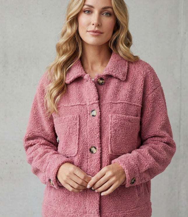 Women's Jacket in Teddy Fleece, Button Up with a Shirt Collar