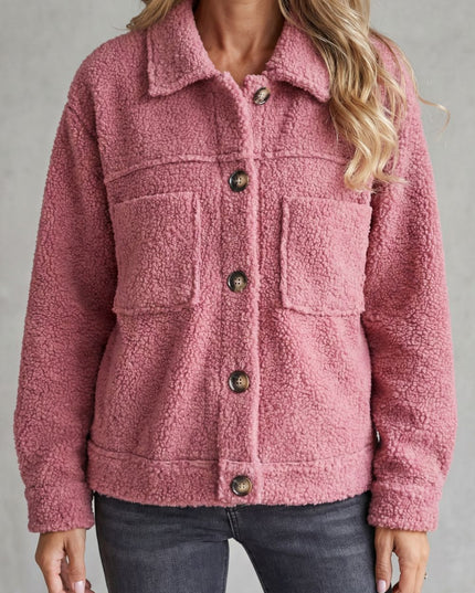 Women's Jacket in Teddy Fleece, Button Up with a Shirt Collar