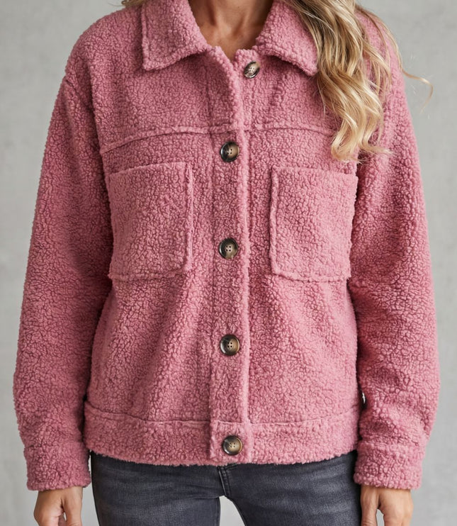 Women's Jacket in Teddy Fleece, Button Up with a Shirt Collar