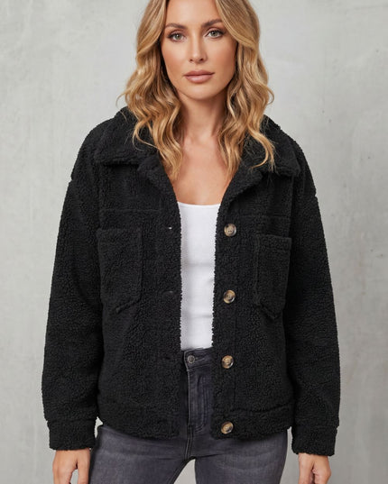 Women's Jacket in Teddy Fleece, Button Up with a Shirt Collar