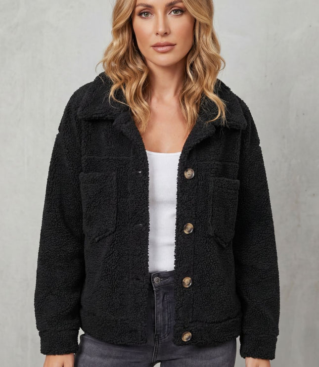 Women's Jacket in Teddy Fleece, Button Up with a Shirt Collar