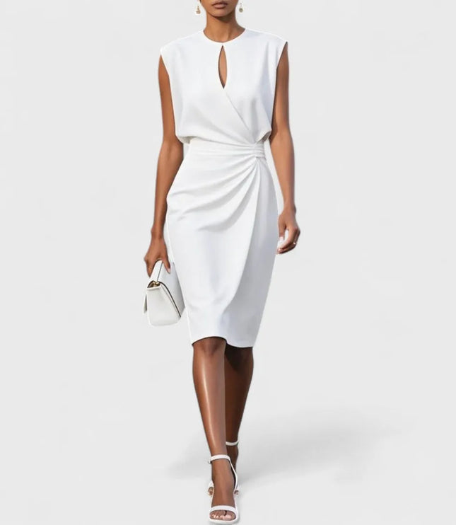 White sleeveless wrap midi dress with keyhole cutout and side ruching detail