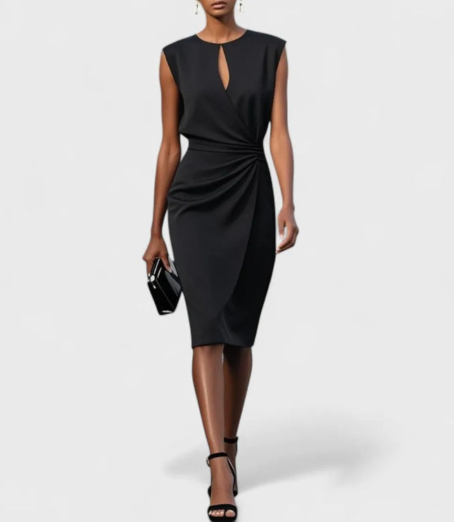 Black sleeveless wrap midi dress with keyhole neckline and draped waist