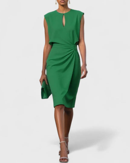 Emerald green sleeveless wrap midi dress with keyhole detail and gathered waist