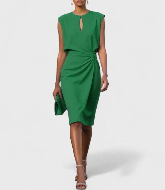 Emerald green sleeveless wrap midi dress with keyhole detail and gathered waist