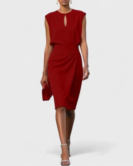 Deep red sleeveless wrap midi dress with keyhole neckline and side ruching