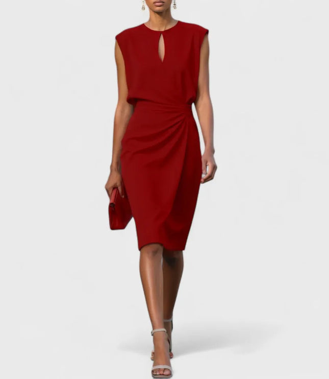 Deep red sleeveless wrap midi dress with keyhole neckline and side ruching