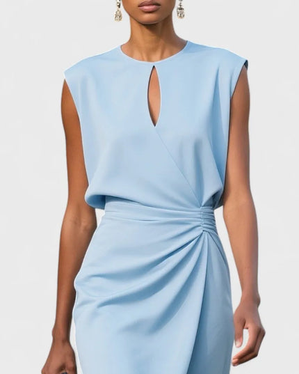 Light blue sleeveless keyhole wrap dress close-up showing ruched waist detail