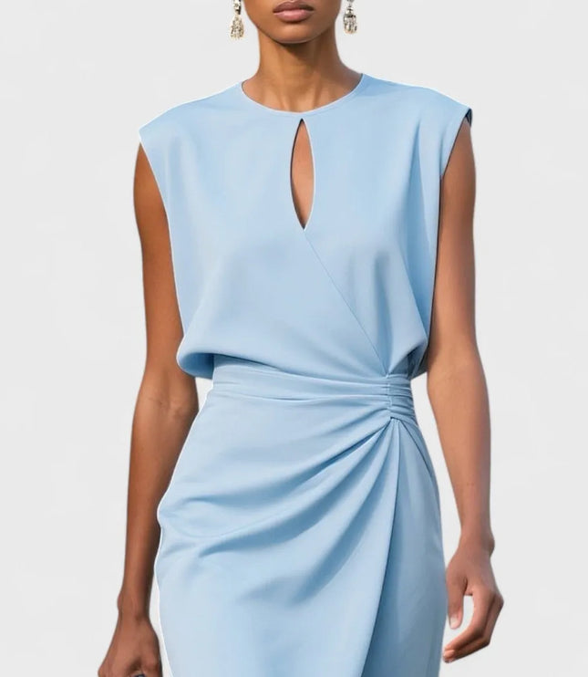 Light blue sleeveless keyhole wrap dress close-up showing ruched waist detail