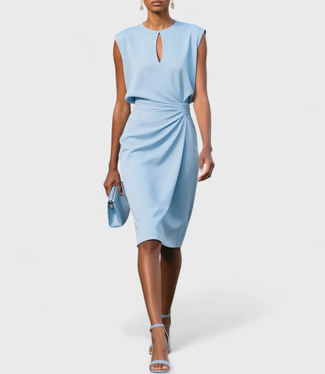 Light blue sleeveless wrap midi dress with keyhole neckline and ruched waist