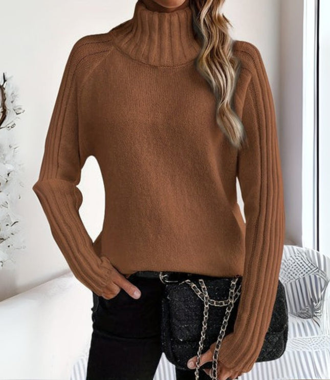 Women's Knit Sweater with Mock Neck and Ribbed Long Sleeve