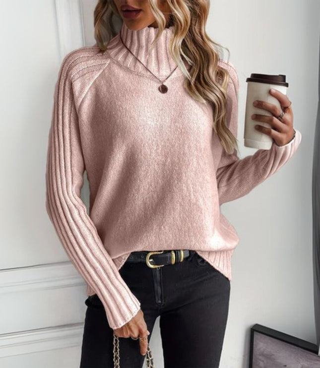 Women's Knit Sweater with Mock Neck and Ribbed Long Sleeve