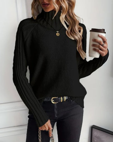 Women's Knit Sweater with Mock Neck and Ribbed Long Sleeve