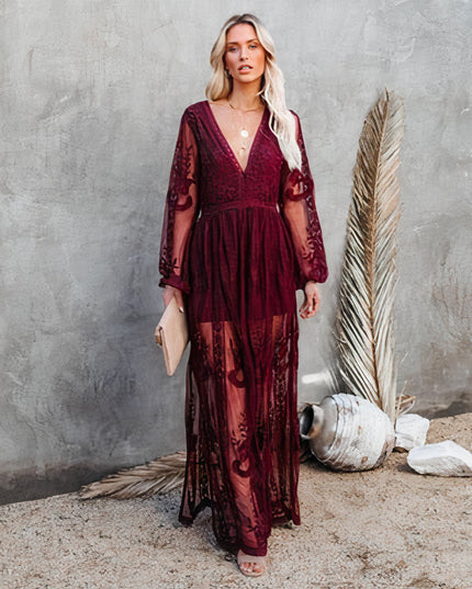 Women's Lace Bishop Sleeve Maxi Dress with Front Slit