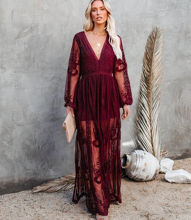Women's Lace Bishop Sleeve Maxi Dress with Front Slit