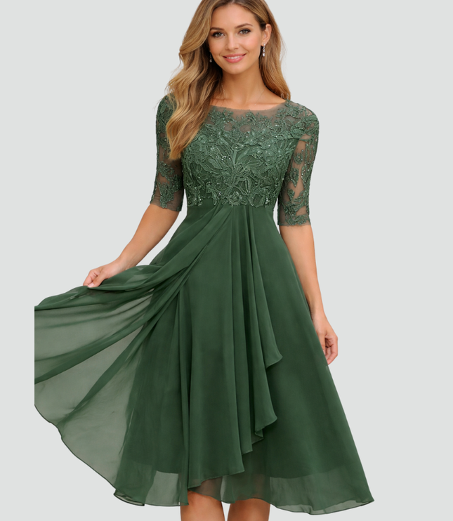 Women's Lace Bodice Fit and Flare Midi Dress