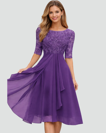 Women's Lace Bodice Fit and Flare Midi Dress