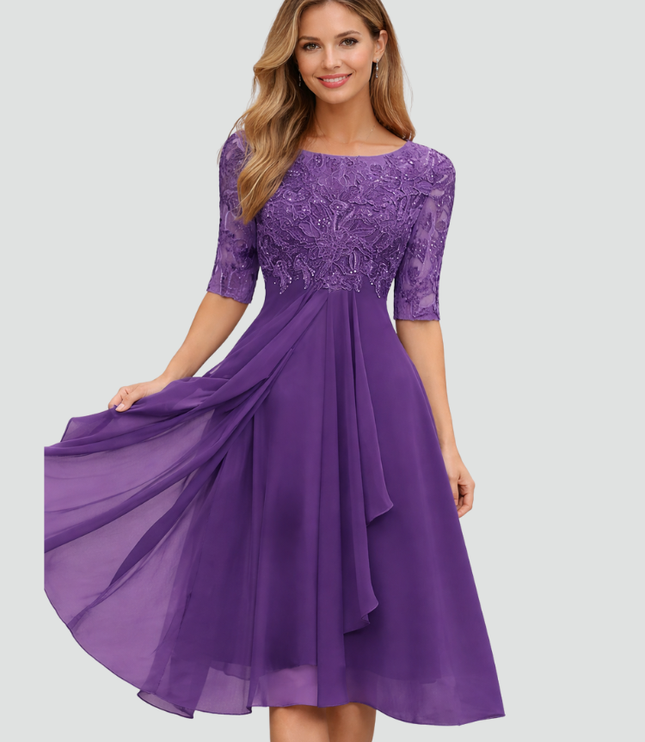 Women's Lace Bodice Fit and Flare Midi Dress