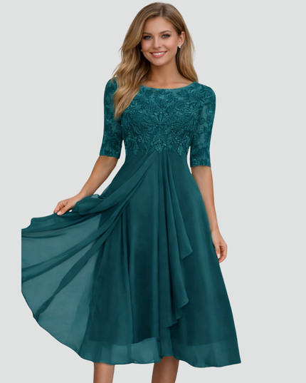 Women's Lace Bodice Fit and Flare Midi Dress