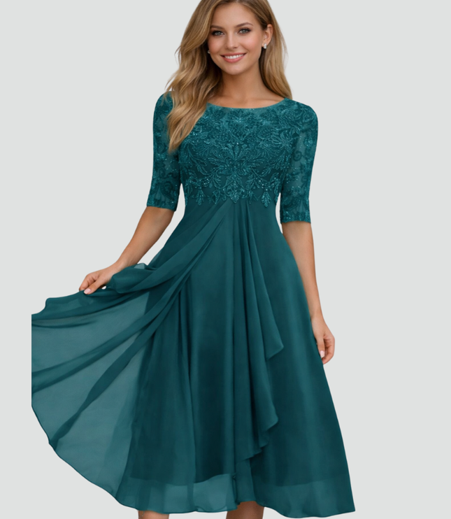 Women's Lace Bodice Fit and Flare Midi Dress