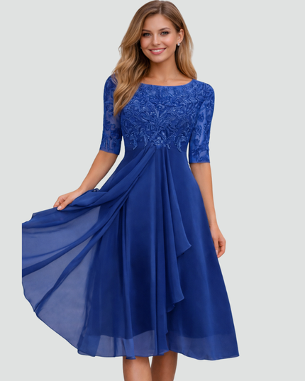 Women's Lace Bodice Fit and Flare Midi Dress