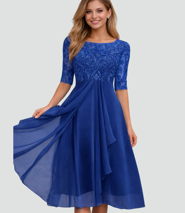 Women's Lace Bodice Fit and Flare Midi Dress