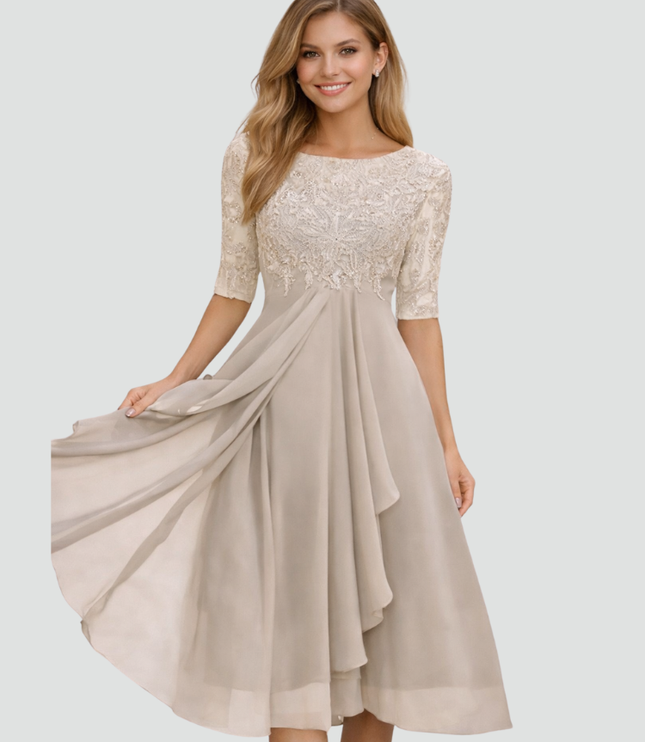 Women's Lace Bodice Fit and Flare Midi Dress