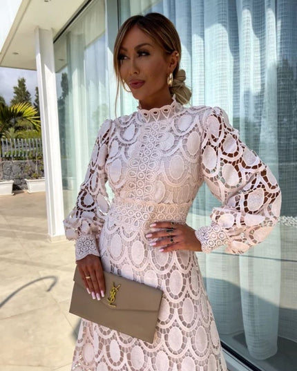 Women's Lace High-Neck A-Line Midi Dress