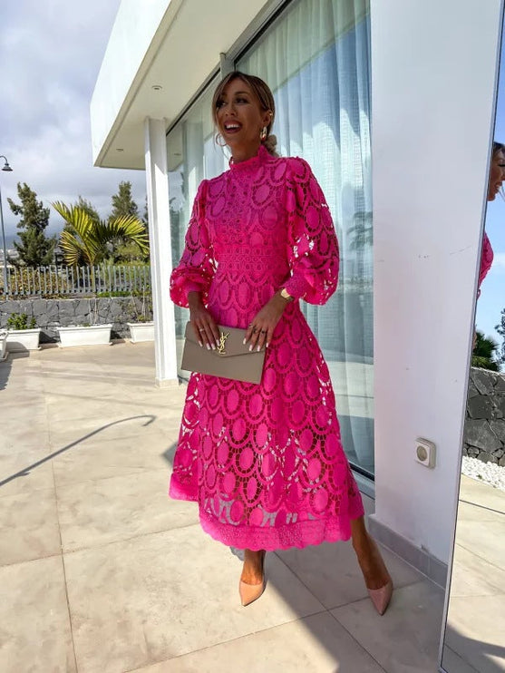 Women's Lace High-Neck A-Line Midi Dress
