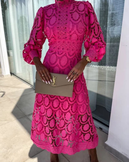 Women's Lace High-Neck A-Line Midi Dress